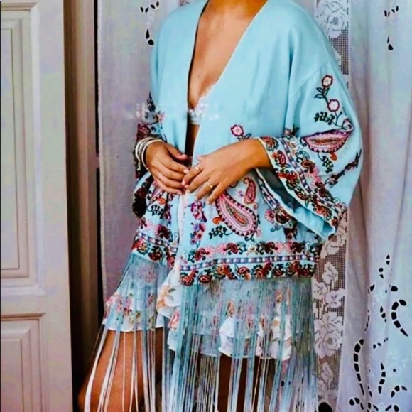 [ZARA] EMBROIDERED KIMONO with OMBRÉ FRINGING - Picture 7 of 8